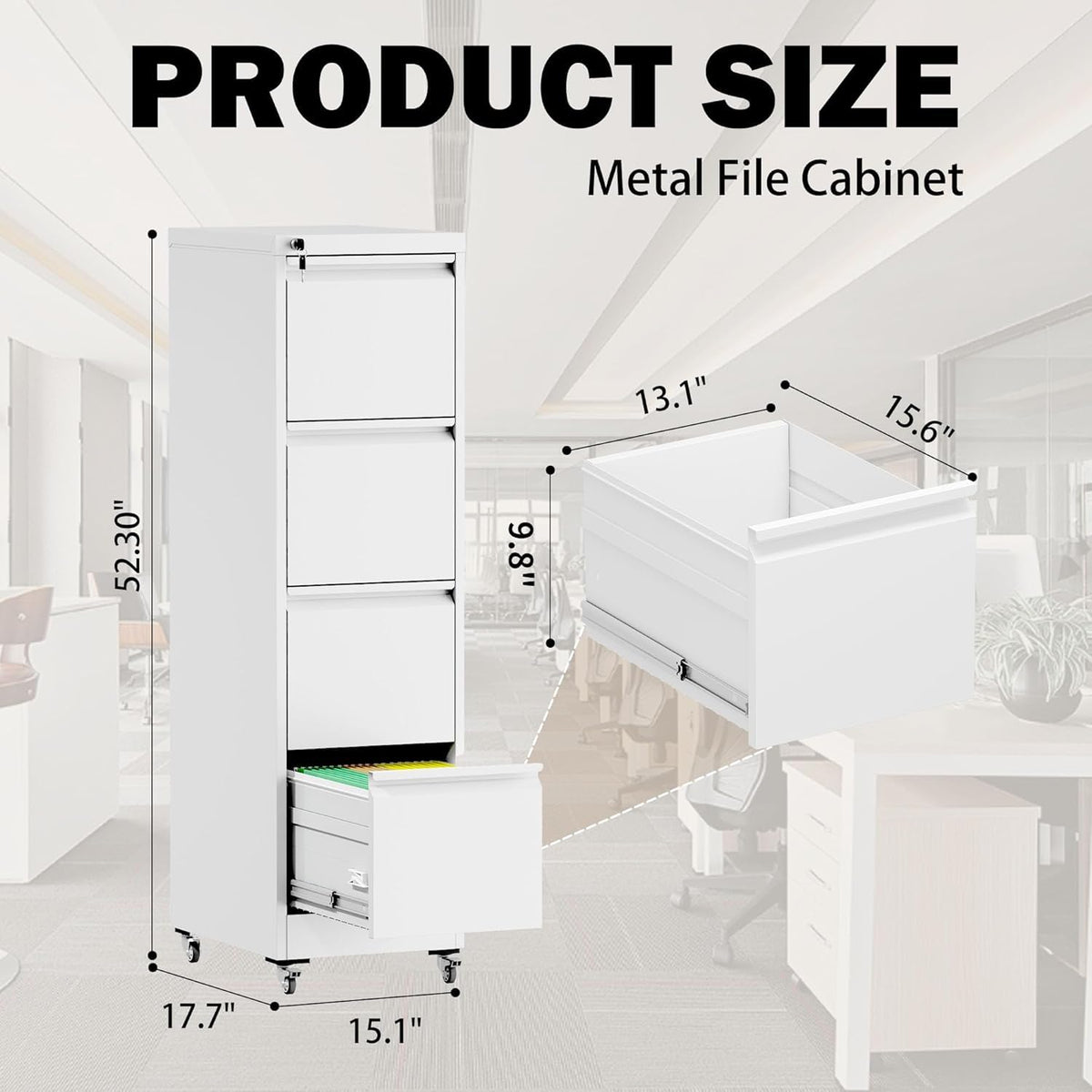 White 4 Drawer Metal File Cabinet with Wheels F6197