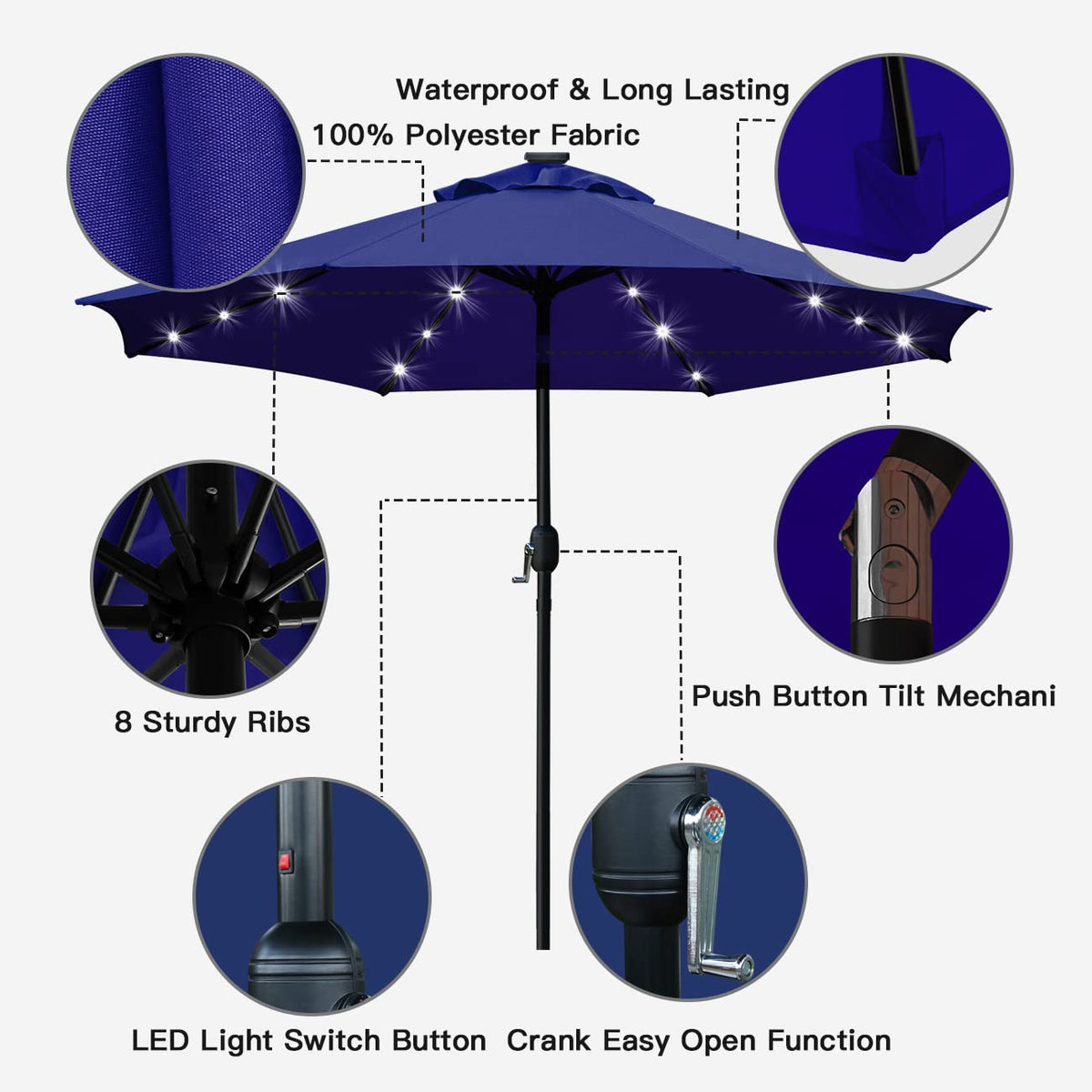 9' Solar LED Patio Umbrella, 8 Ribs, Tilt & Crank (Navy Blue) I9029