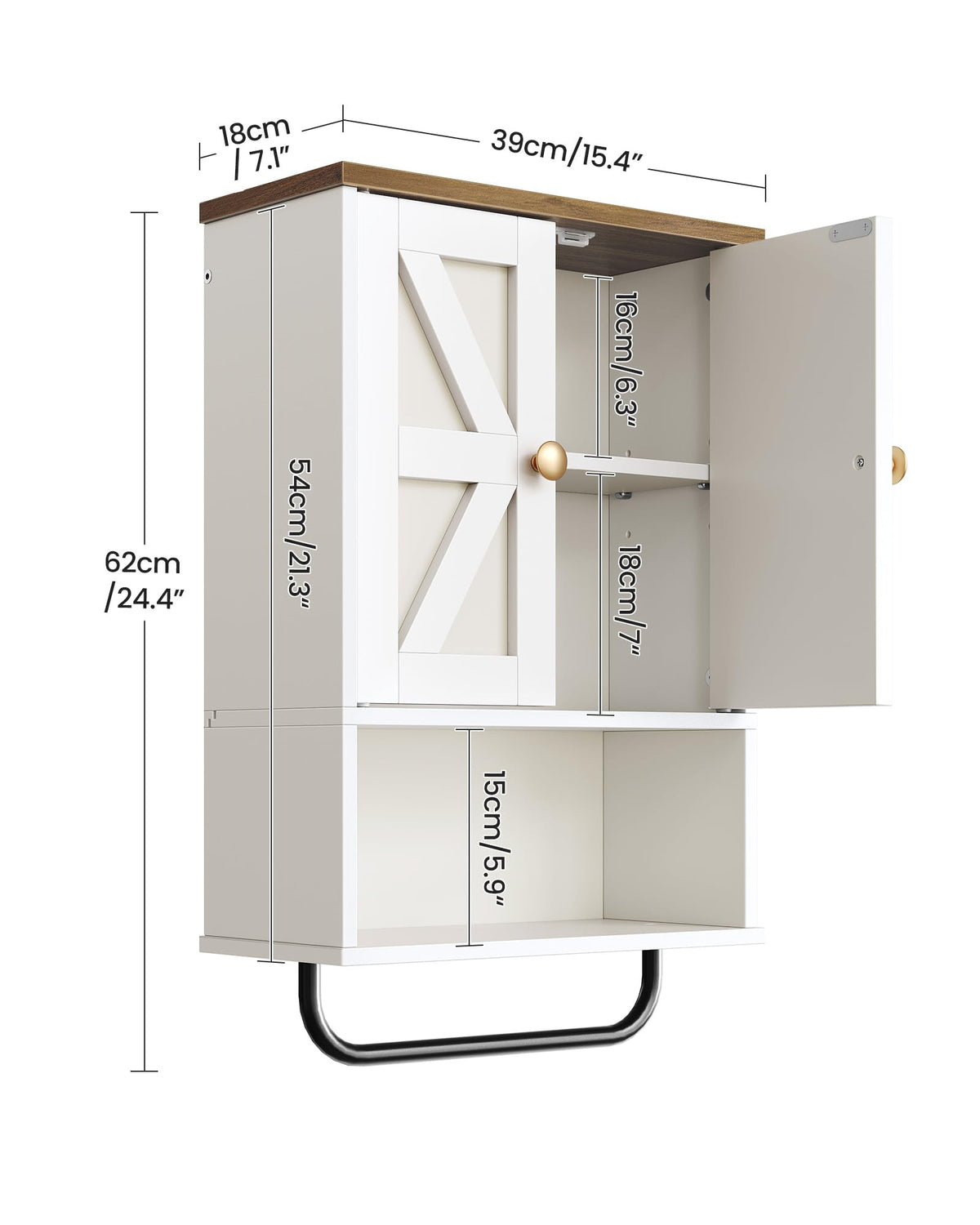 White and Walnut Bathroom Wall Cabinet with Towel Bar P291845