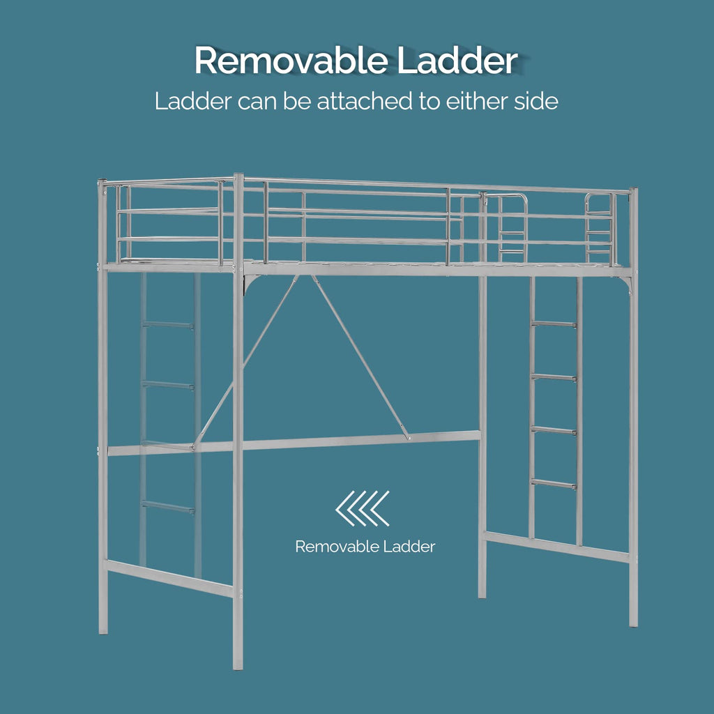 71 Inches Tall Twin Size Metal Loft Bed with Ladder and Safety Guard Rails, Gray N391337