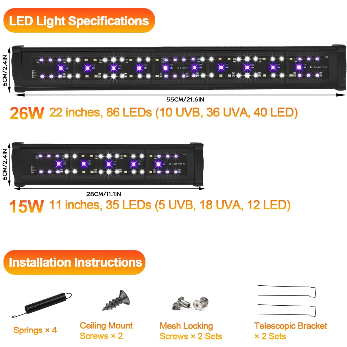 12" T5 UVB Reptile Light Fixture Kit + 11" LED UVB Reptile Light C84189
