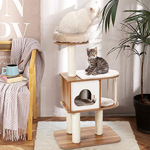 Light Grey Wood Cat Tree with Scratching Posts and Washable Cushions A709