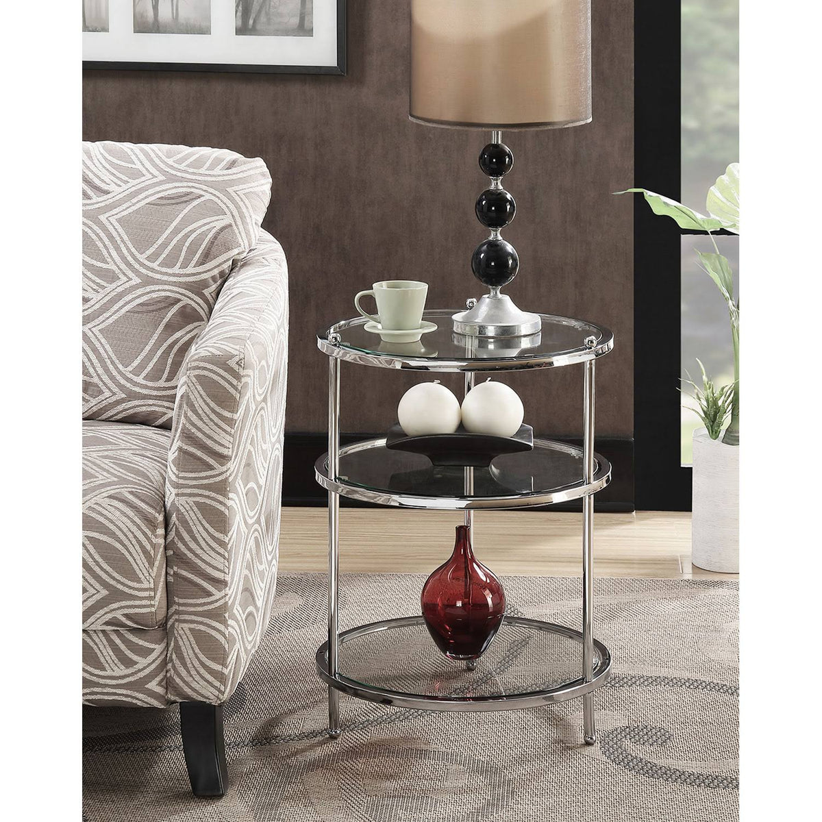 Three Tier Round End Table in Chrome/Glass V6059