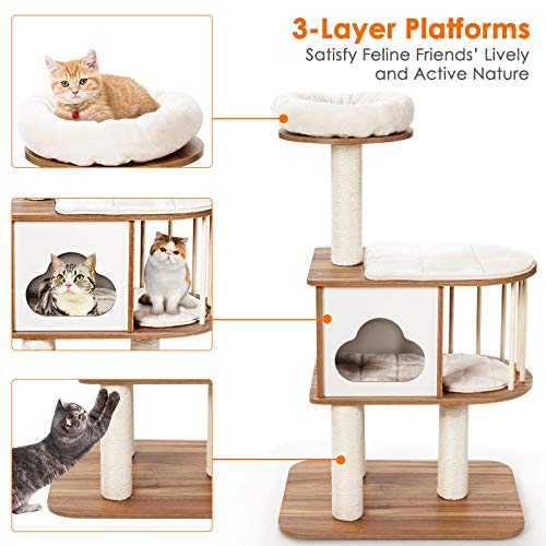 Light Grey Wood Cat Tree with Scratching Posts and Washable Cushions A709