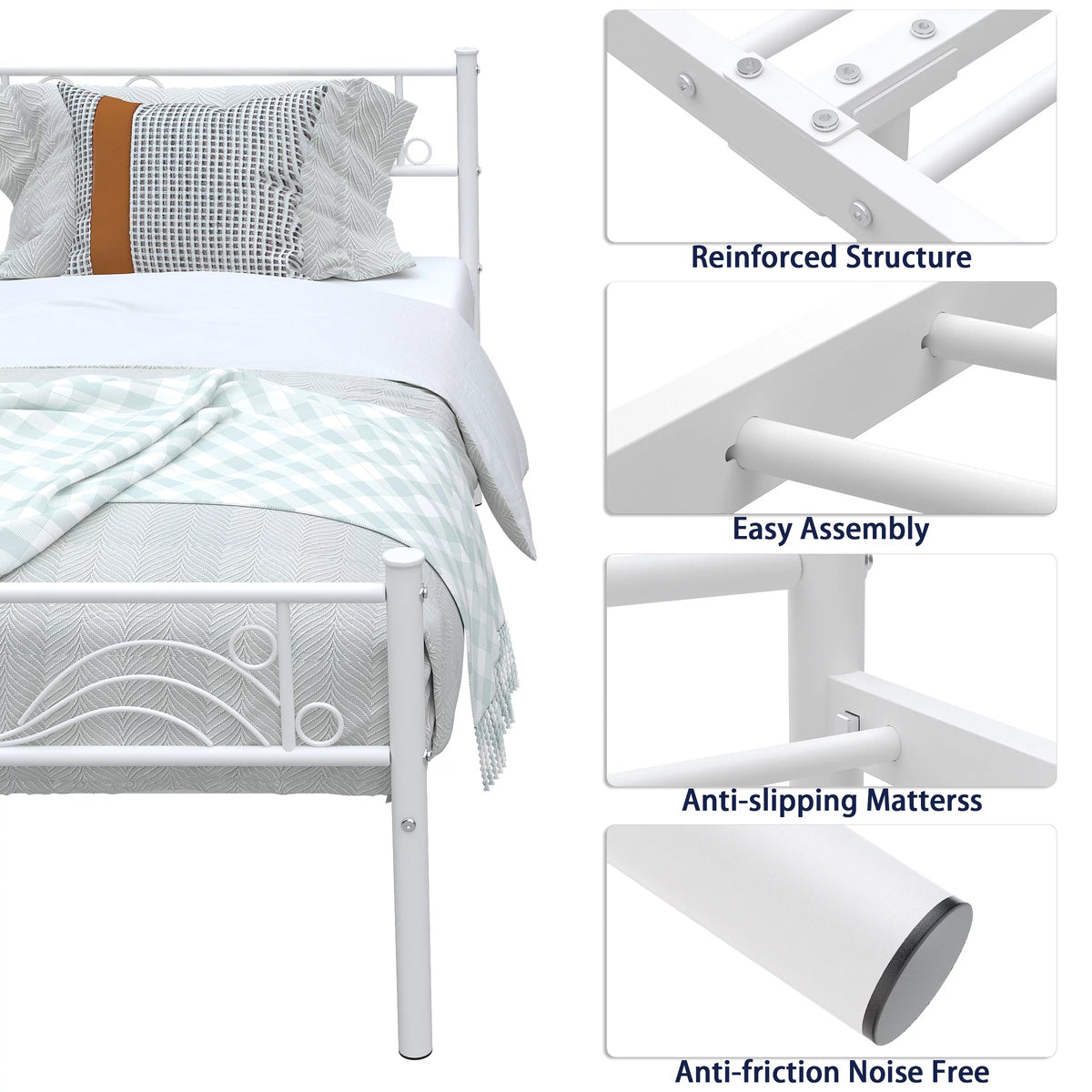White Metal Twin Size Platform Bed Frame with Wave Headboard K187679