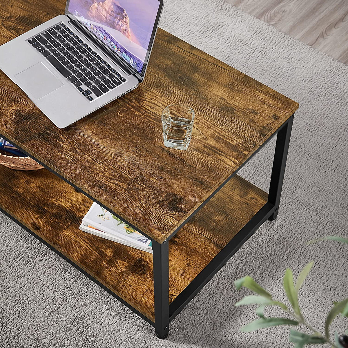 2-Tier Wood Coffee Table with Storage Shelf Metal Frame P9551