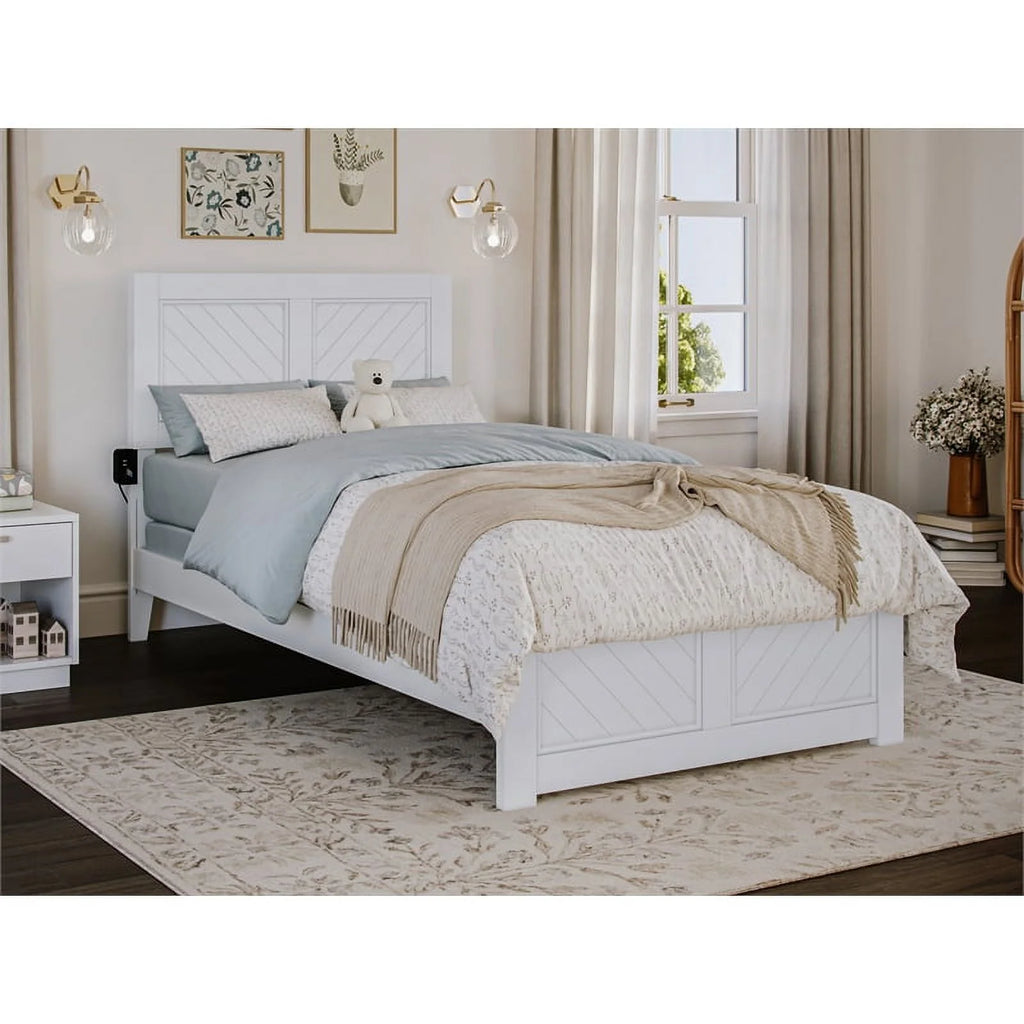 White Solid Wood Twin Bed Frame with Footboard I157