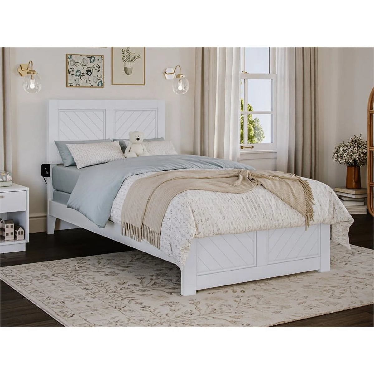 White Solid Wood Twin Bed Frame with Footboard I157