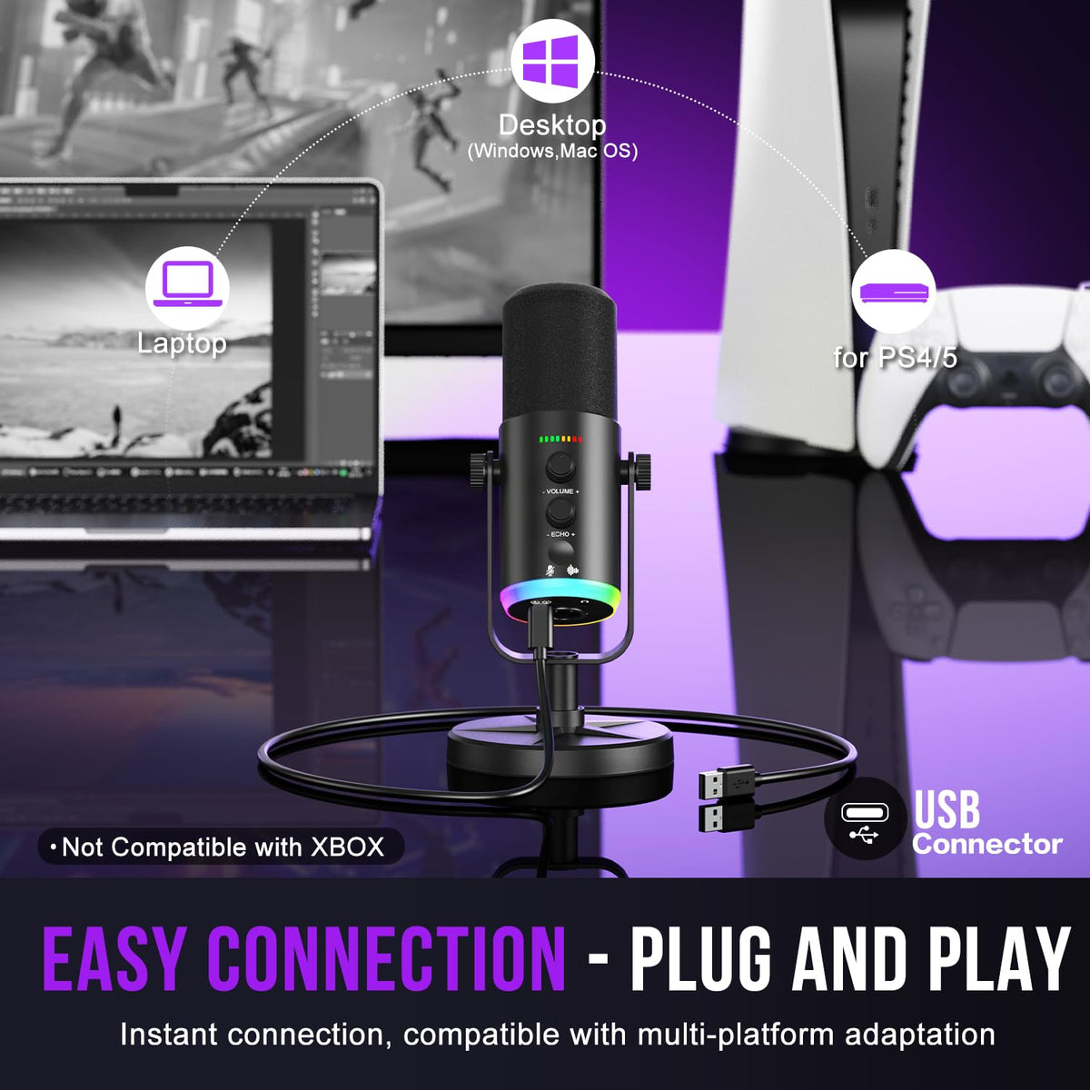 USB-C/XLR Dynamic Microphone with RGB Light, Mute Button, Desktop Stand, Headphones Jack L977868
