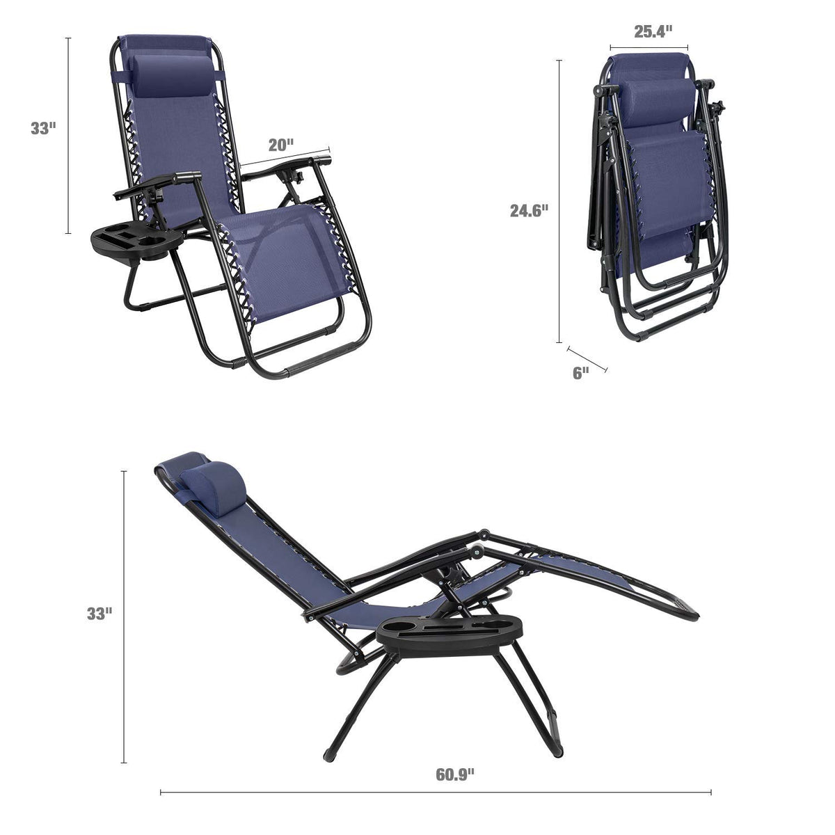 Blue Zero Gravity Folding Lounge Chairs Set of 2 with Cup Holder T612159