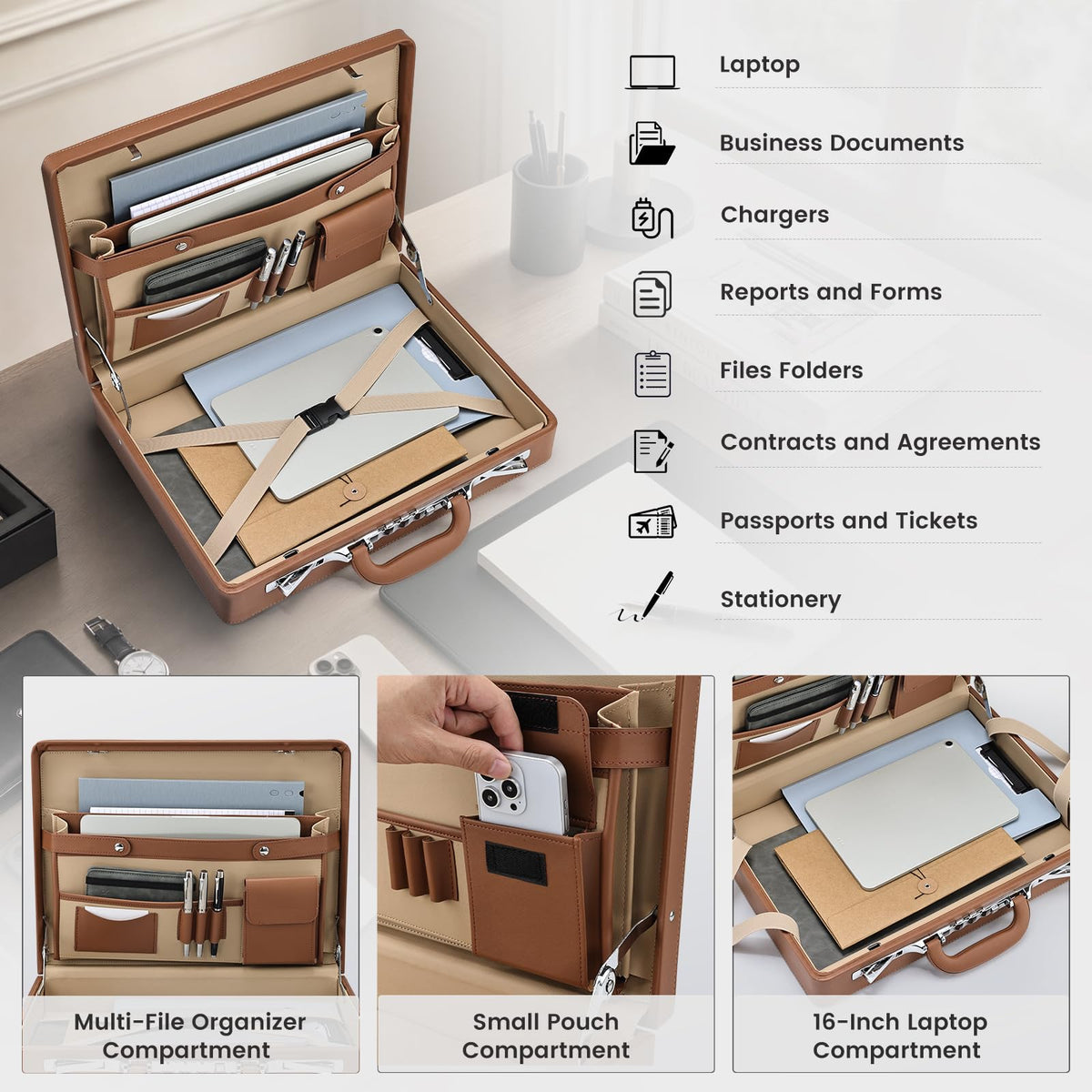 Brown Leather Briefcase with Lock for 16 Inch Laptop S810
