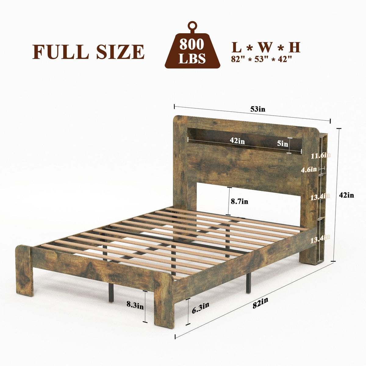 Full Size Dark Brown Wood Platform Bed Frame with Storage I63530