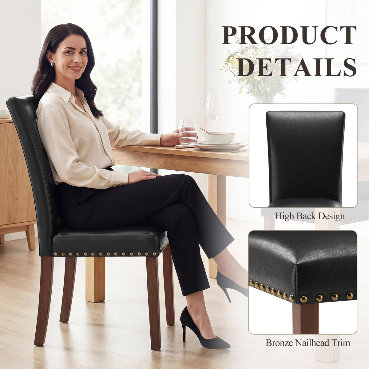Black Leather Dining Chairs Set of 2 with Wood Legs L3843