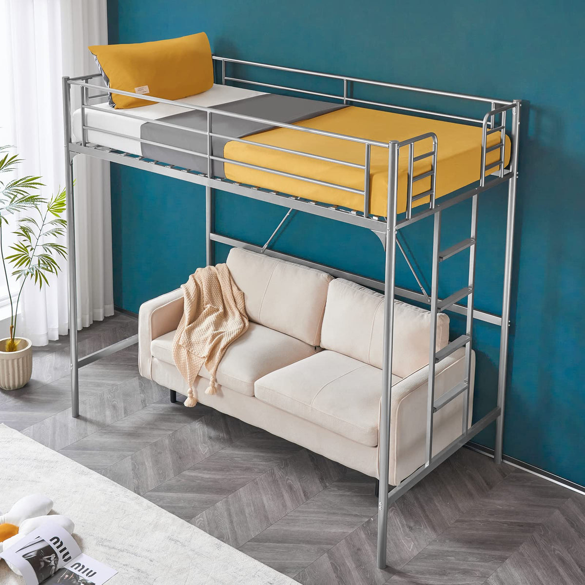 71 Inches Tall Twin Size Metal Loft Bed with Ladder and Safety Guard Rails, Gray N391337