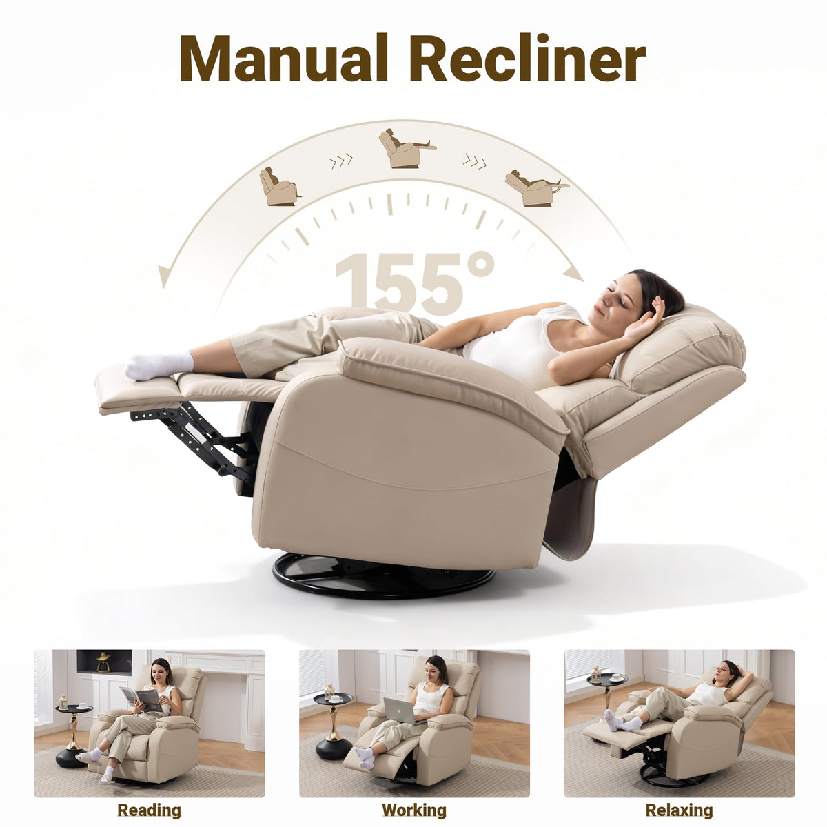Beige Leather Swivel Rocking Recliner Chair H456523