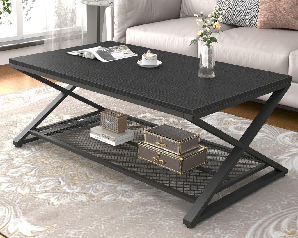 Black 2 Tier Wood Coffee Table with Storage N3953