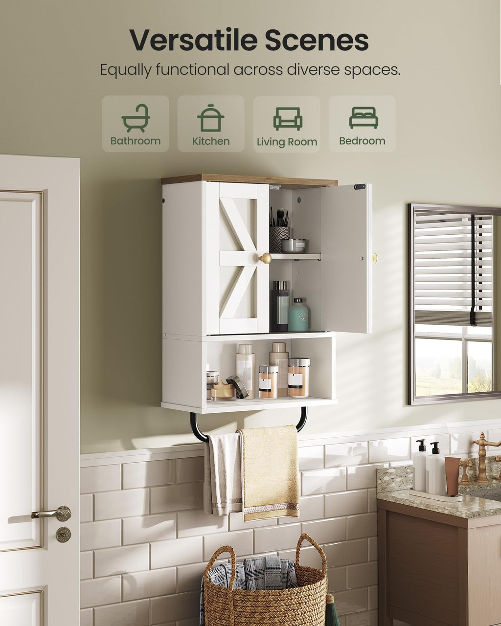 White and Walnut Bathroom Wall Cabinet with Towel Bar P291845
