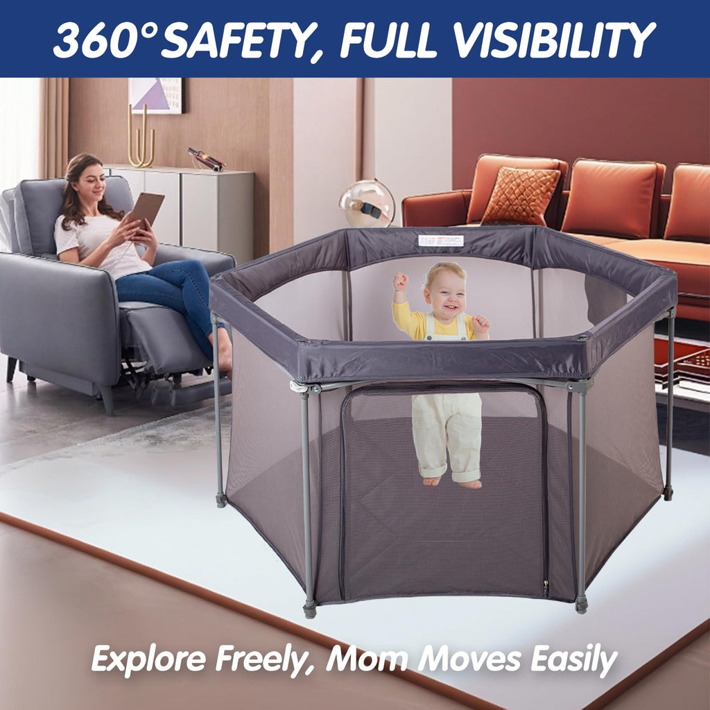 Baby Playpen 53x53 Inch Portable Play Yard with Breathable Mesh Walls Grey C7451
