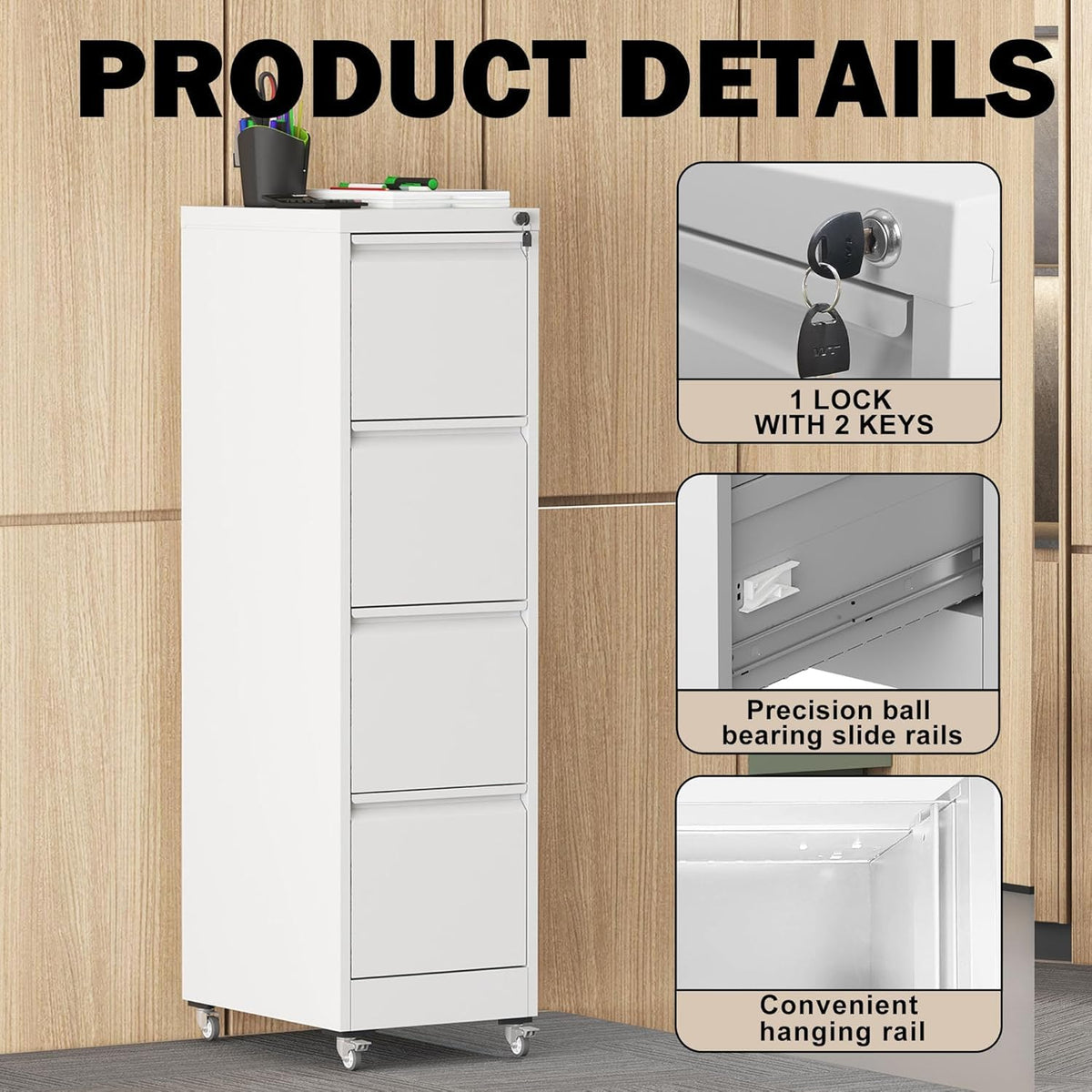 White 4 Drawer Metal File Cabinet with Wheels F6197