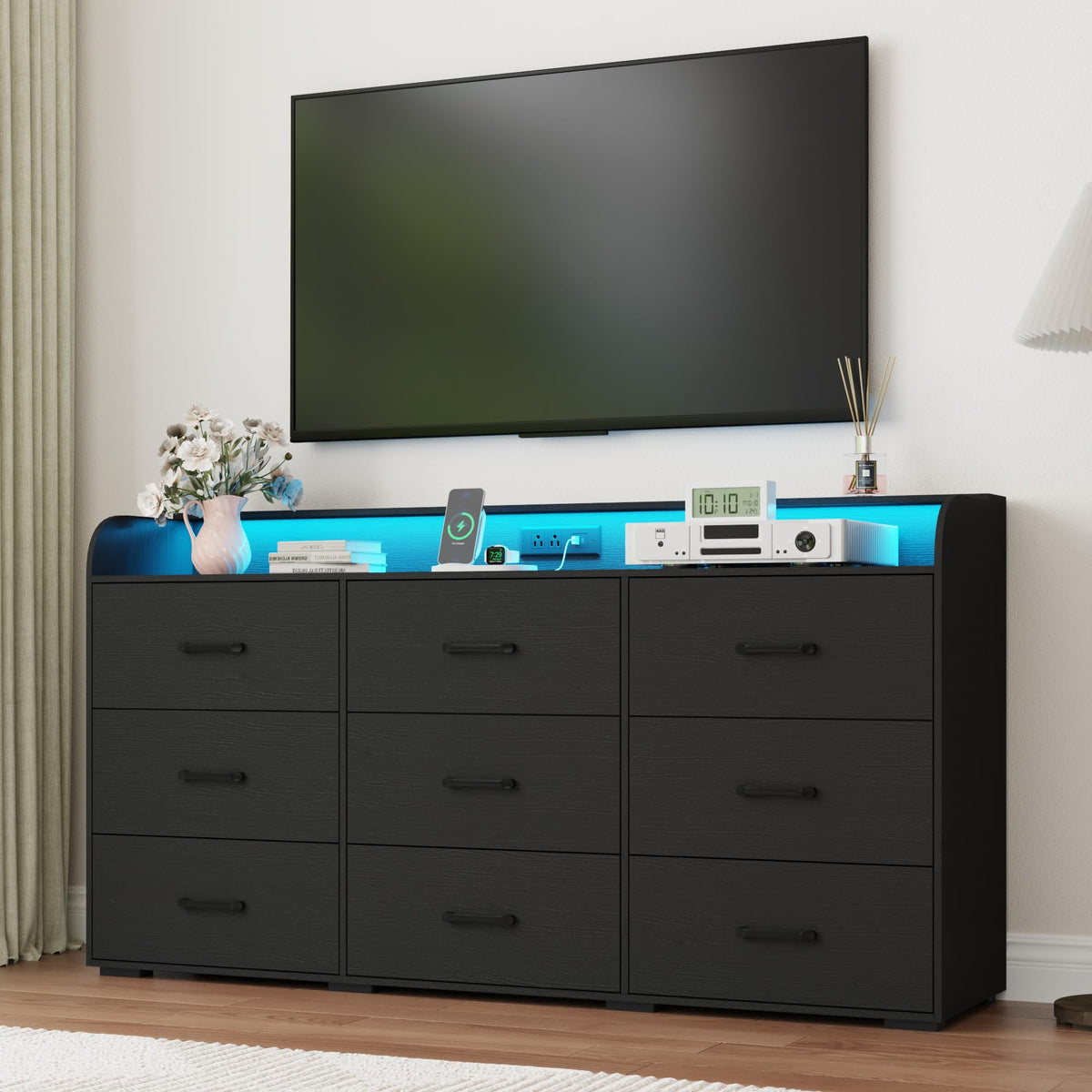 Black 9 Drawer Wood Dresser with Power Outlet and LED Lights Y723296