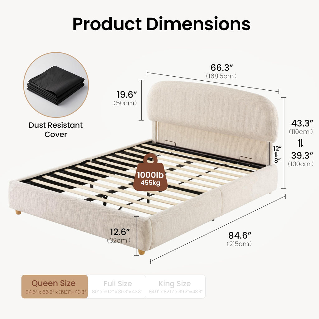 Queen Lift Up Storage Bed Frame with Adjustable Headboard, Beige E166307