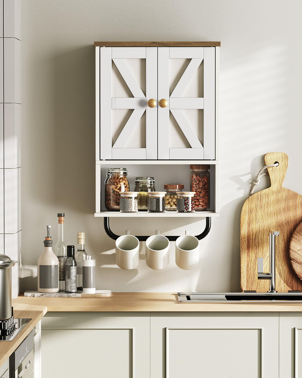 White and Walnut Bathroom Wall Cabinet with Towel Bar P291845