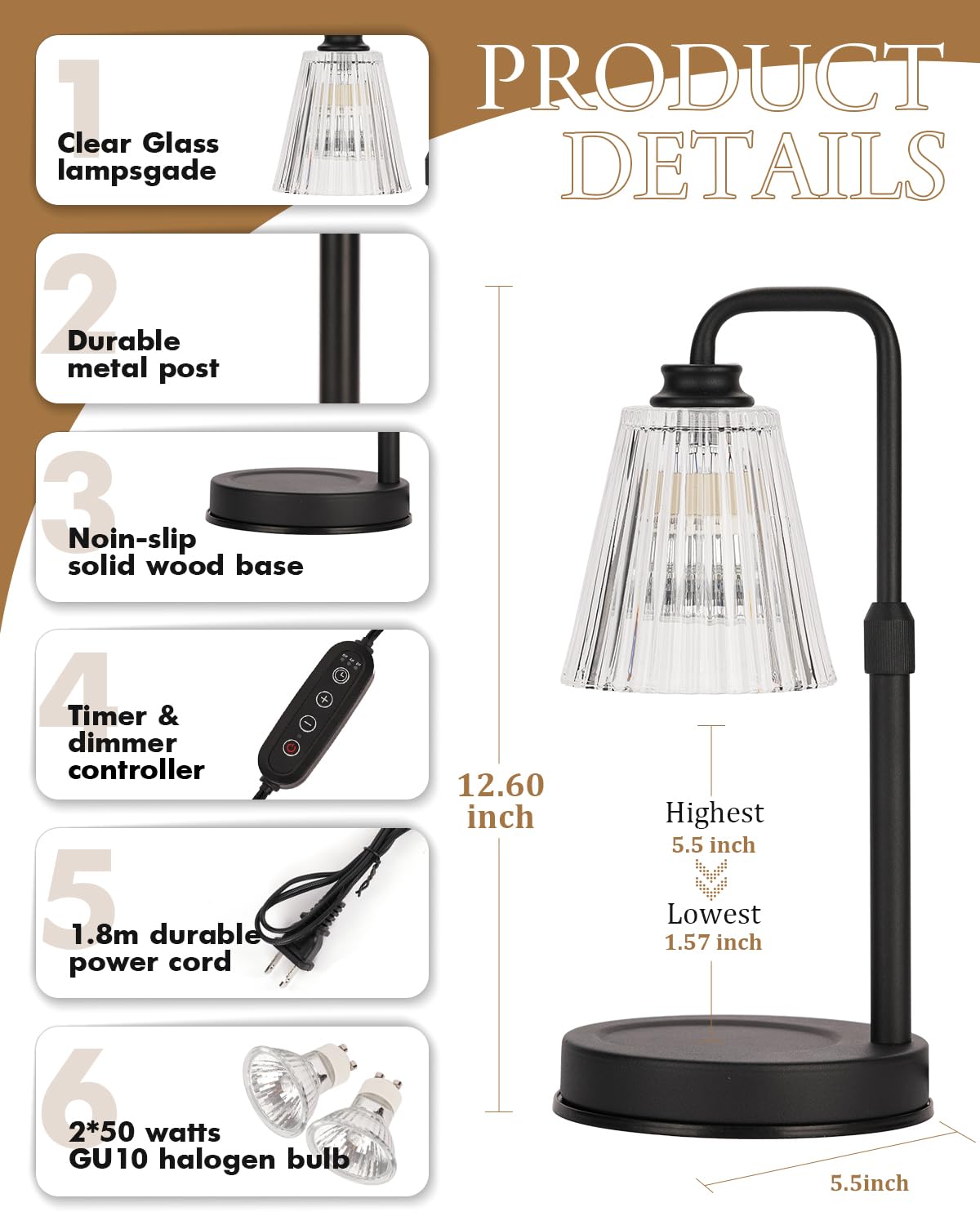 Black Dimmable Candle Warmer Lamp with Timer N3281