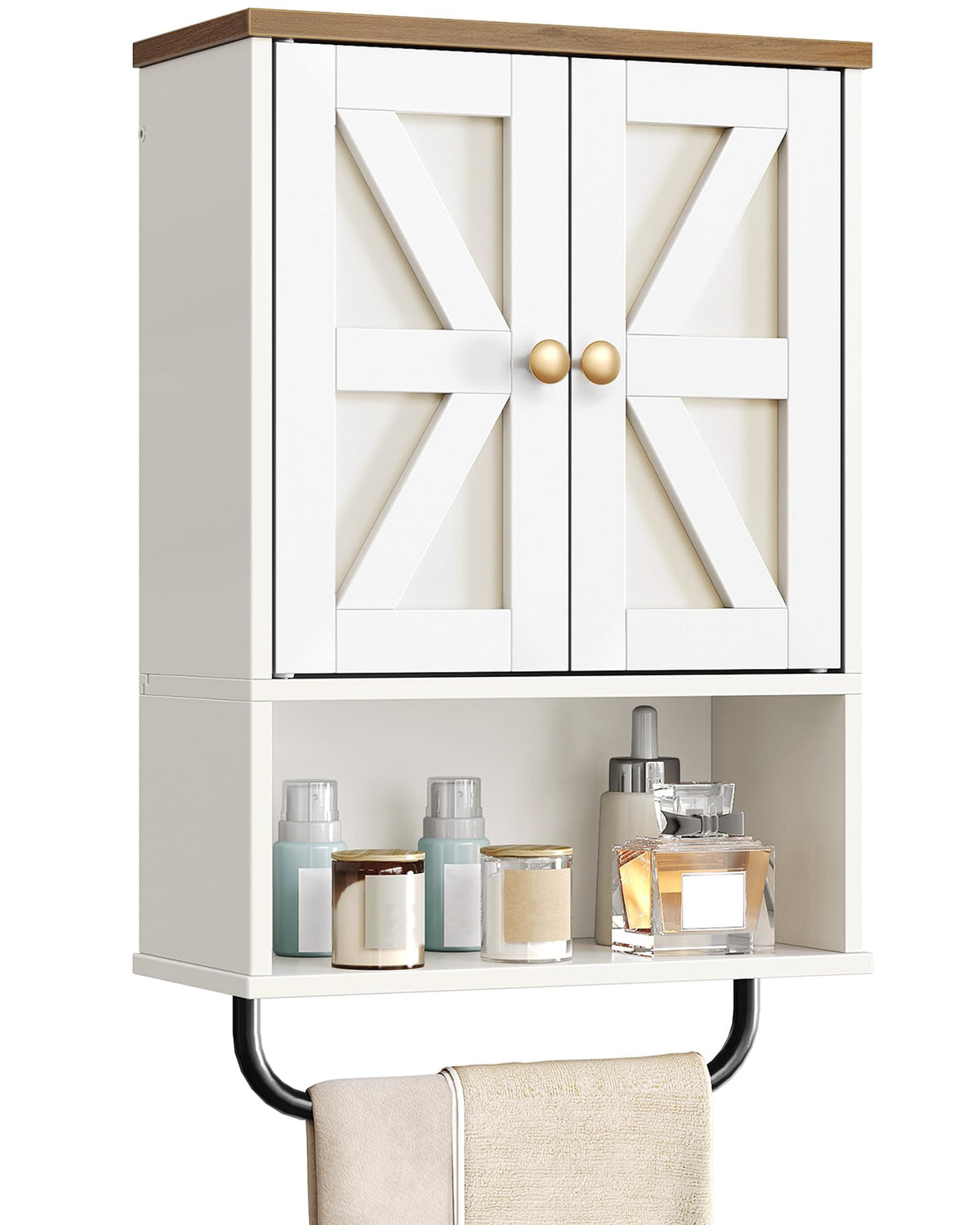 White and Walnut Bathroom Wall Cabinet with Towel Bar P291845