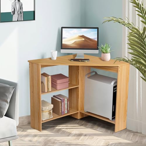 Light Brown Corner Desk with Drawers and Open Shelves D7011