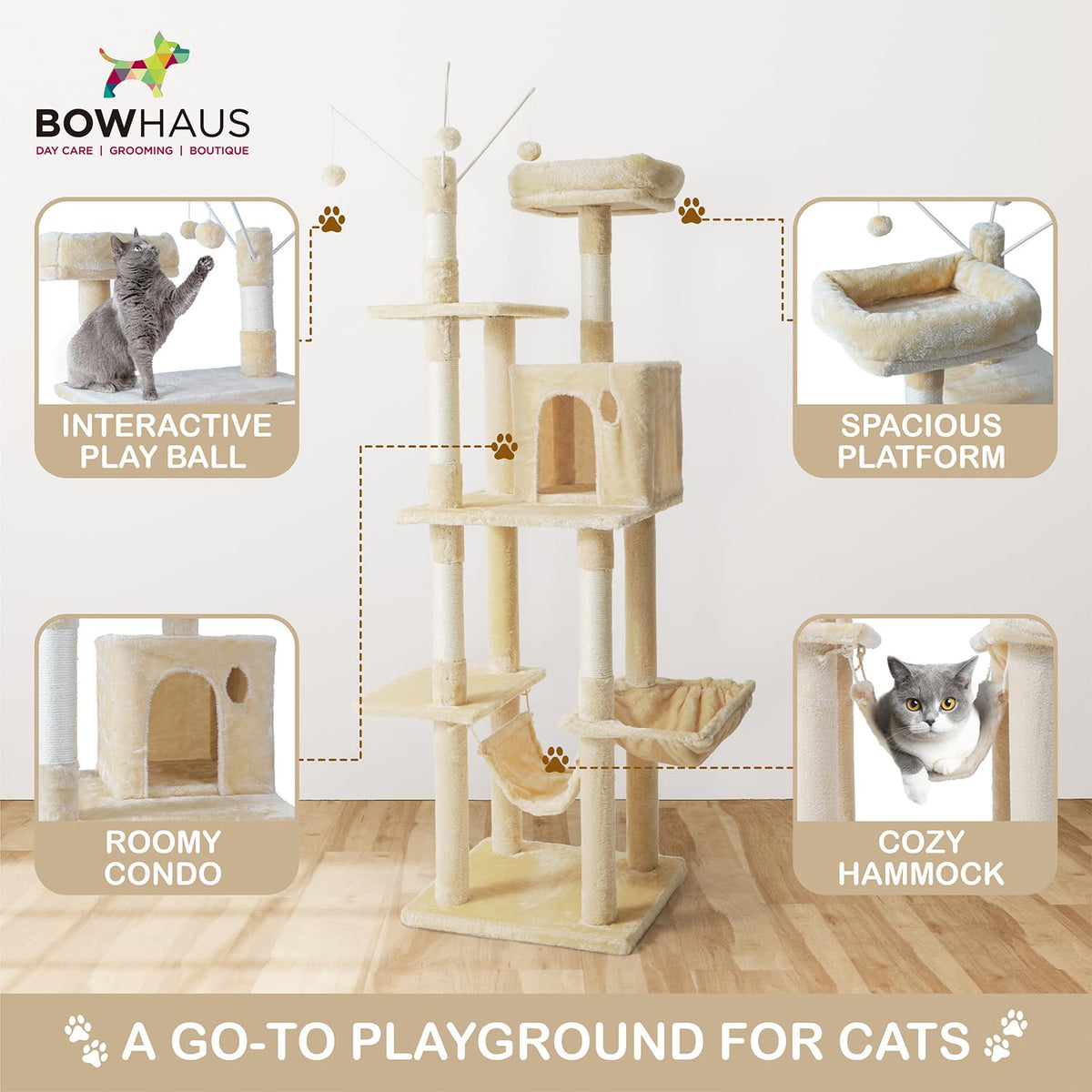 Tall Multi-Level Cat Tree with Scratching Posts, Hammock, Cat Cave Condo M99161