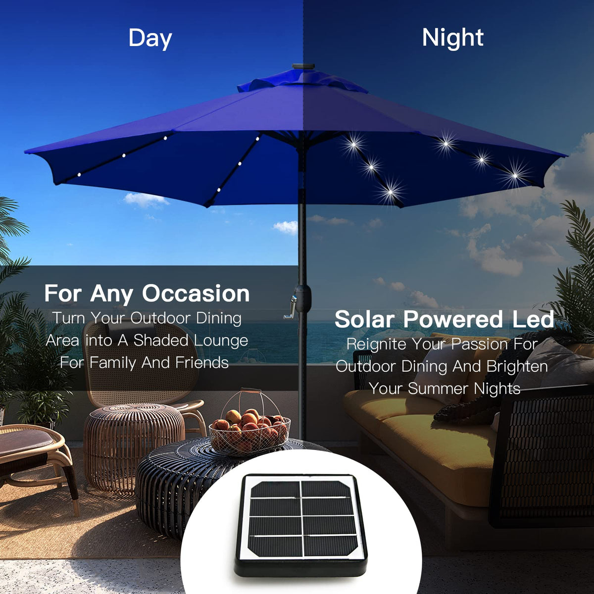 9' Solar LED Patio Umbrella, 8 Ribs, Tilt & Crank (Navy Blue) I9029