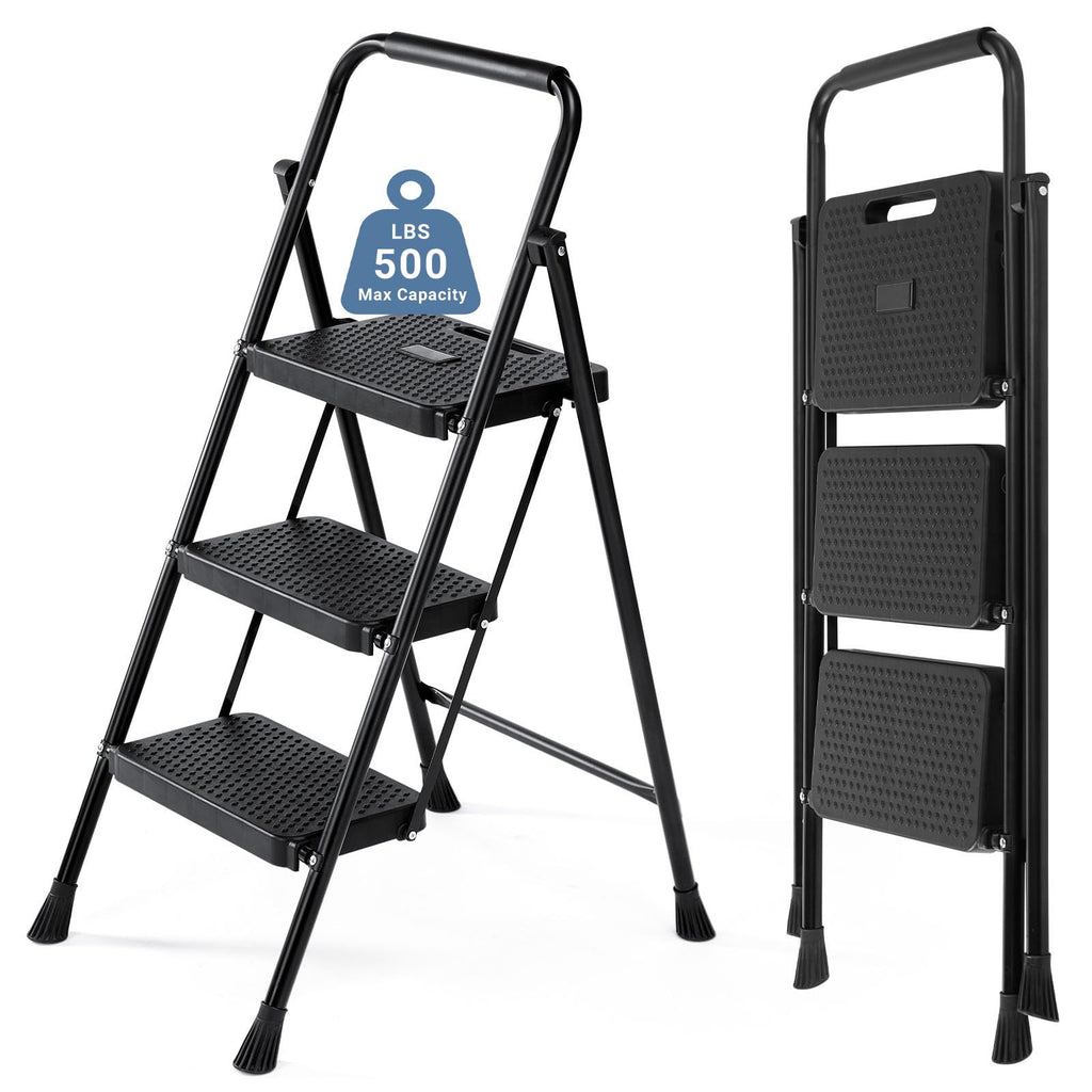 3 Step Ladder with Anti-Slip Pedal and Handrail, 500lbs, Black L3138