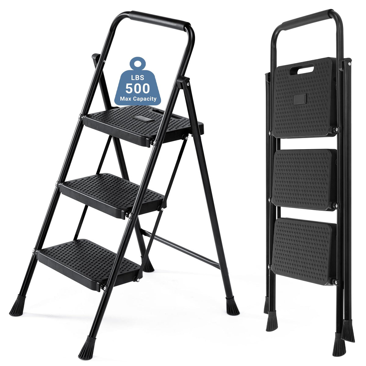 3 Step Ladder with Anti-Slip Pedal and Handrail, 500lbs, Black L3138