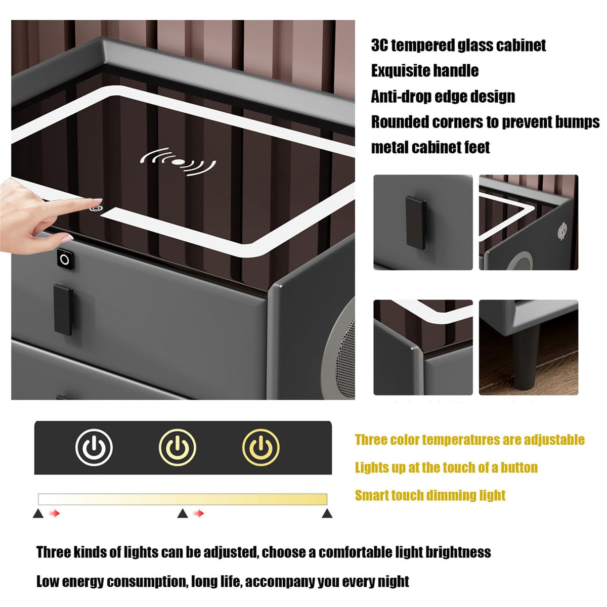 LED Nightstand with Fingerprint Lock, Wireless Charging Station, 2 Speakers, 3 Color LED Light, 2 USB B704
