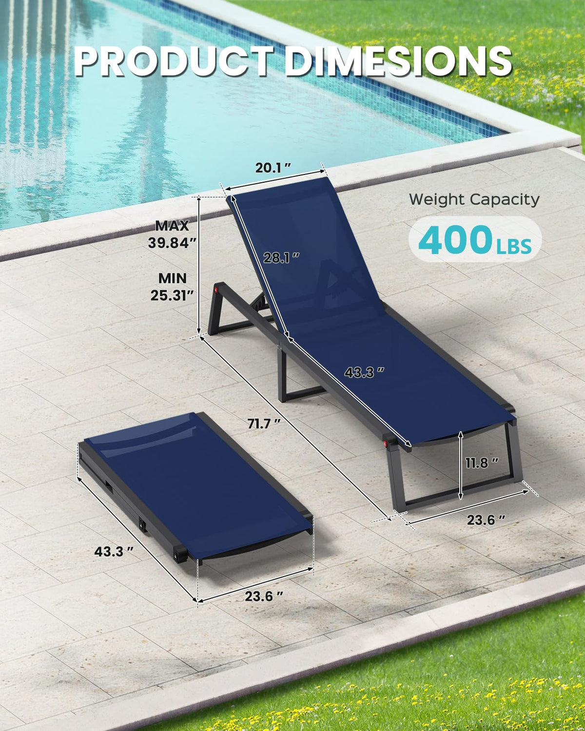 Aluminum Foldable 5-Position Chaise Lounge Chair, Navy Blue, 2 Pack Y3259