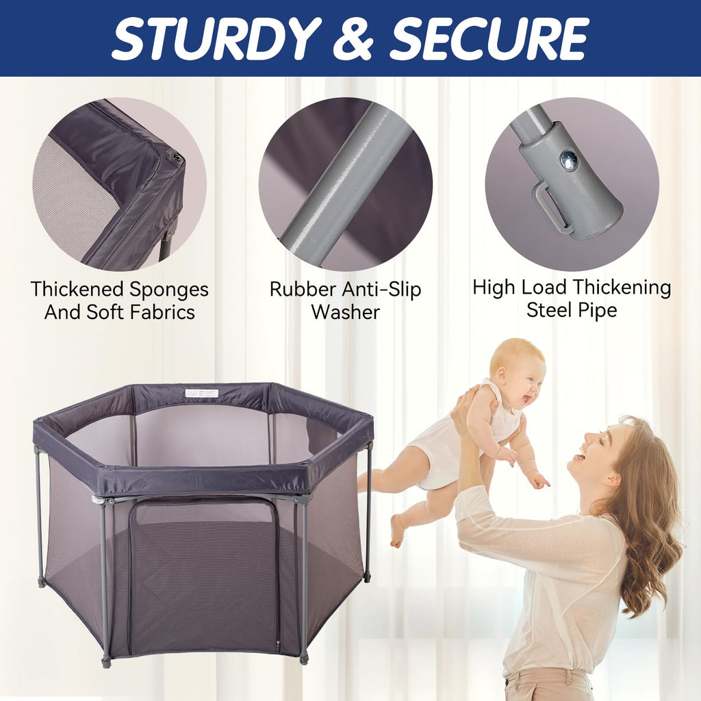 Baby Playpen 53x53 Inch Portable Play Yard with Breathable Mesh Walls Grey C7451