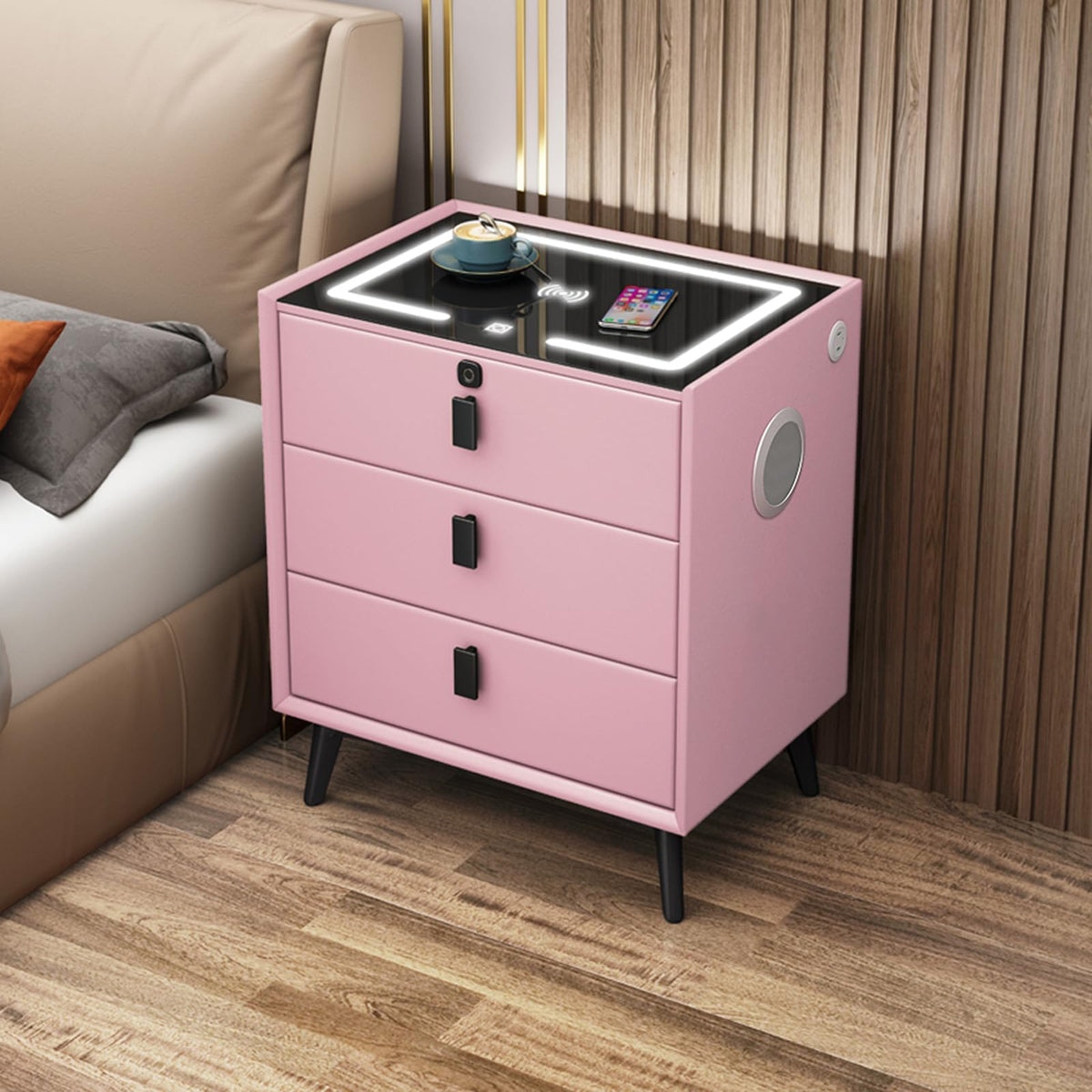 LED Nightstand with Fingerprint Lock, Wireless Charging Station, 2 Speakers, 3 Color LED Light, 2 USB B704