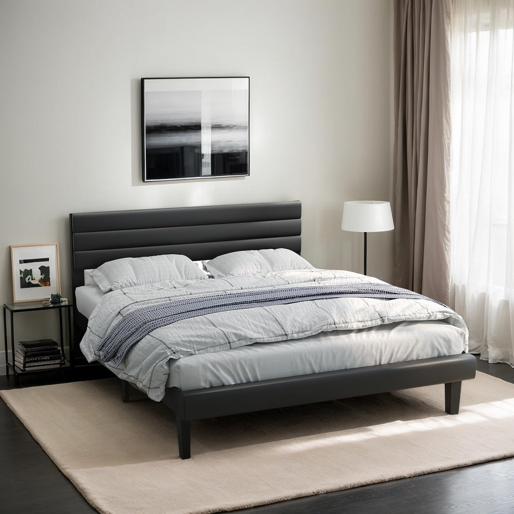 Full Faux Leather Upholstered Platform Bed Frame with Adjustable Headboard U464289