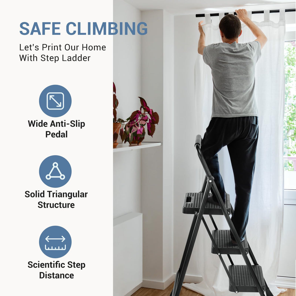 3 Step Ladder with Anti-Slip Pedal and Handrail, 500lbs, Black L3138