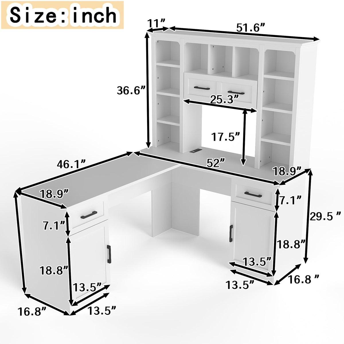 65 Inch White L Shaped Computer Desk with Hutch and Drawers T7457