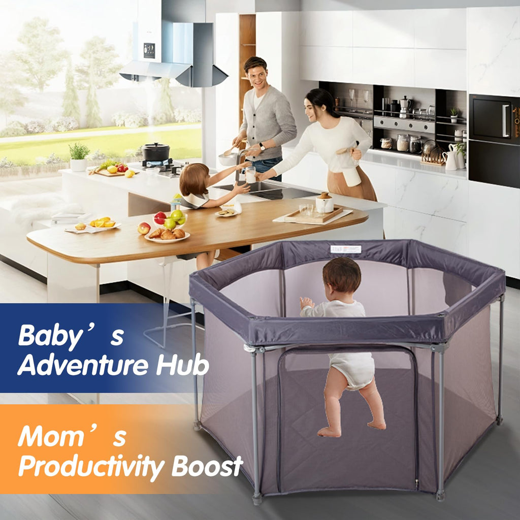 Baby Playpen 53x53 Inch Portable Play Yard with Breathable Mesh Walls Grey C7451
