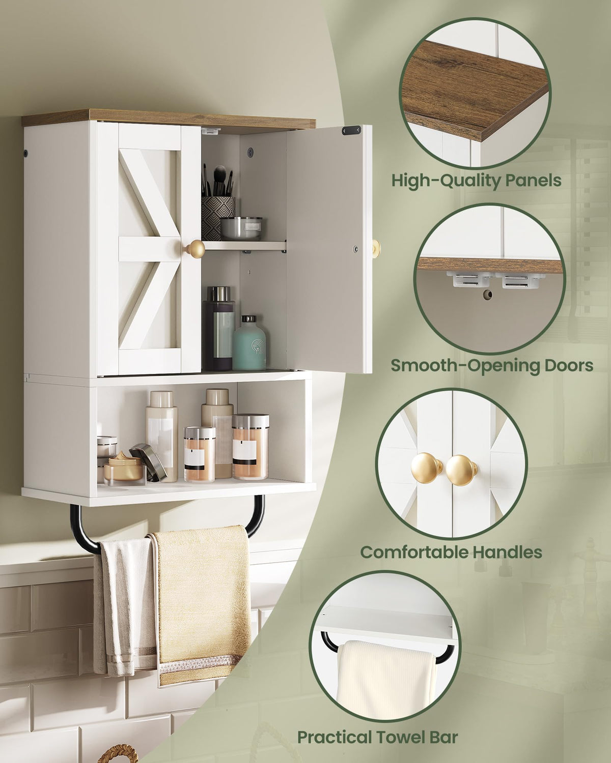 White and Walnut Bathroom Wall Cabinet with Towel Bar P291845