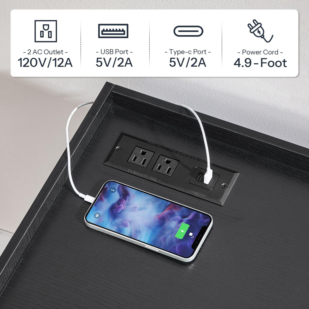 Black Wood Lateral File Cabinet with Charging Station S412