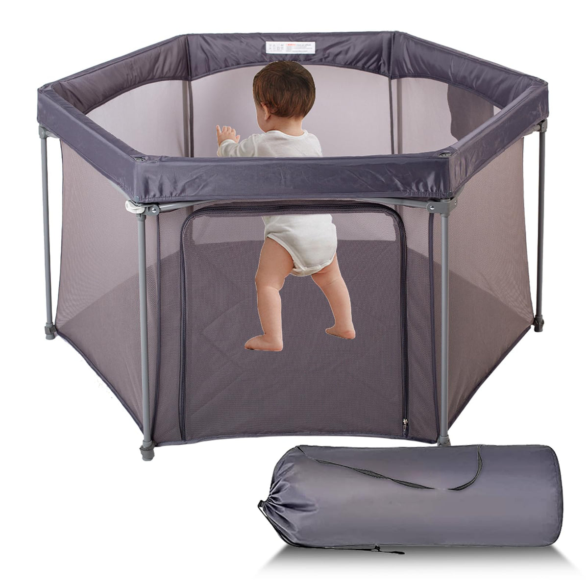Baby Playpen 53x53 Inch Portable Play Yard with Breathable Mesh Walls Grey C7451