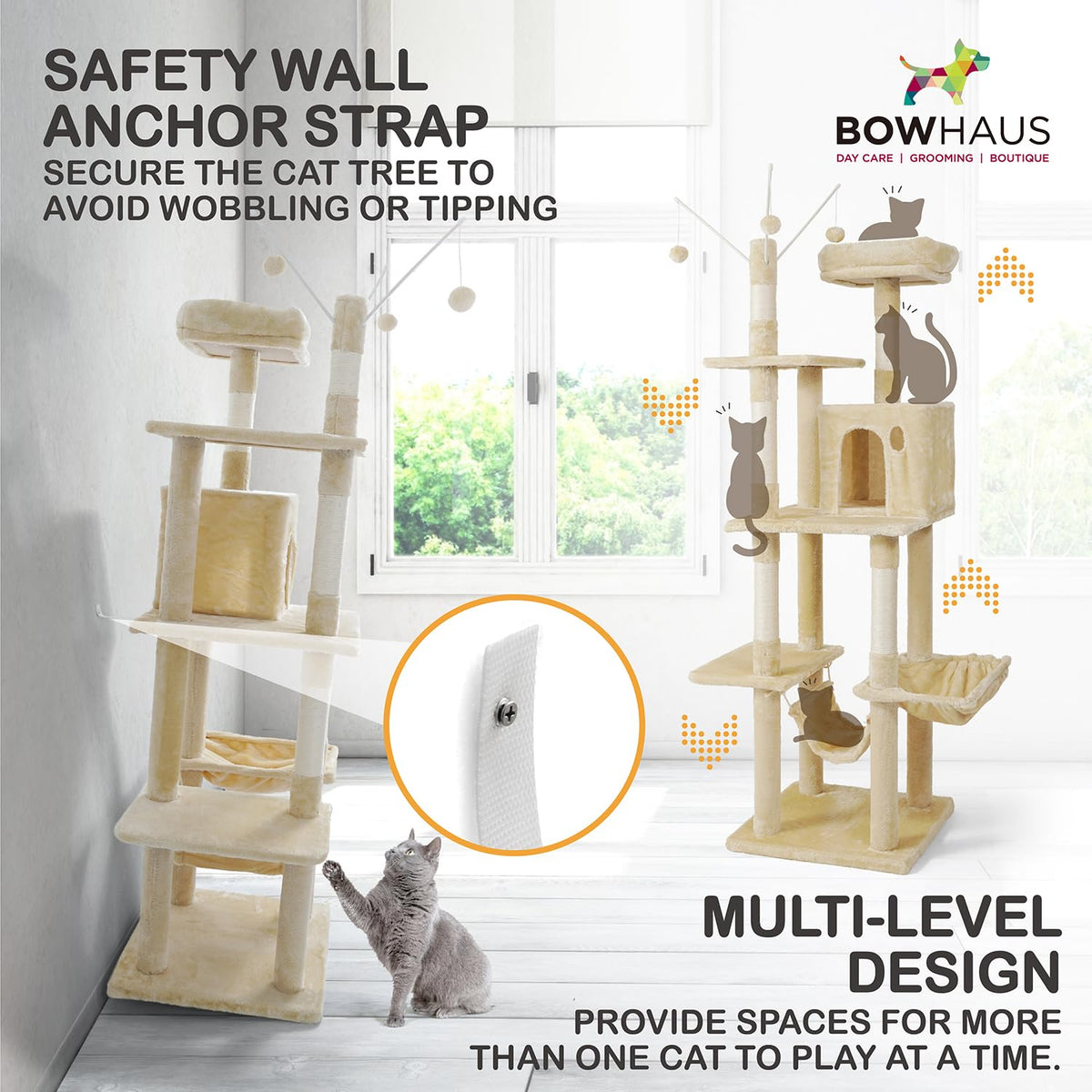 Tall Multi-Level Cat Tree with Scratching Posts, Hammock, Cat Cave Condo M99161