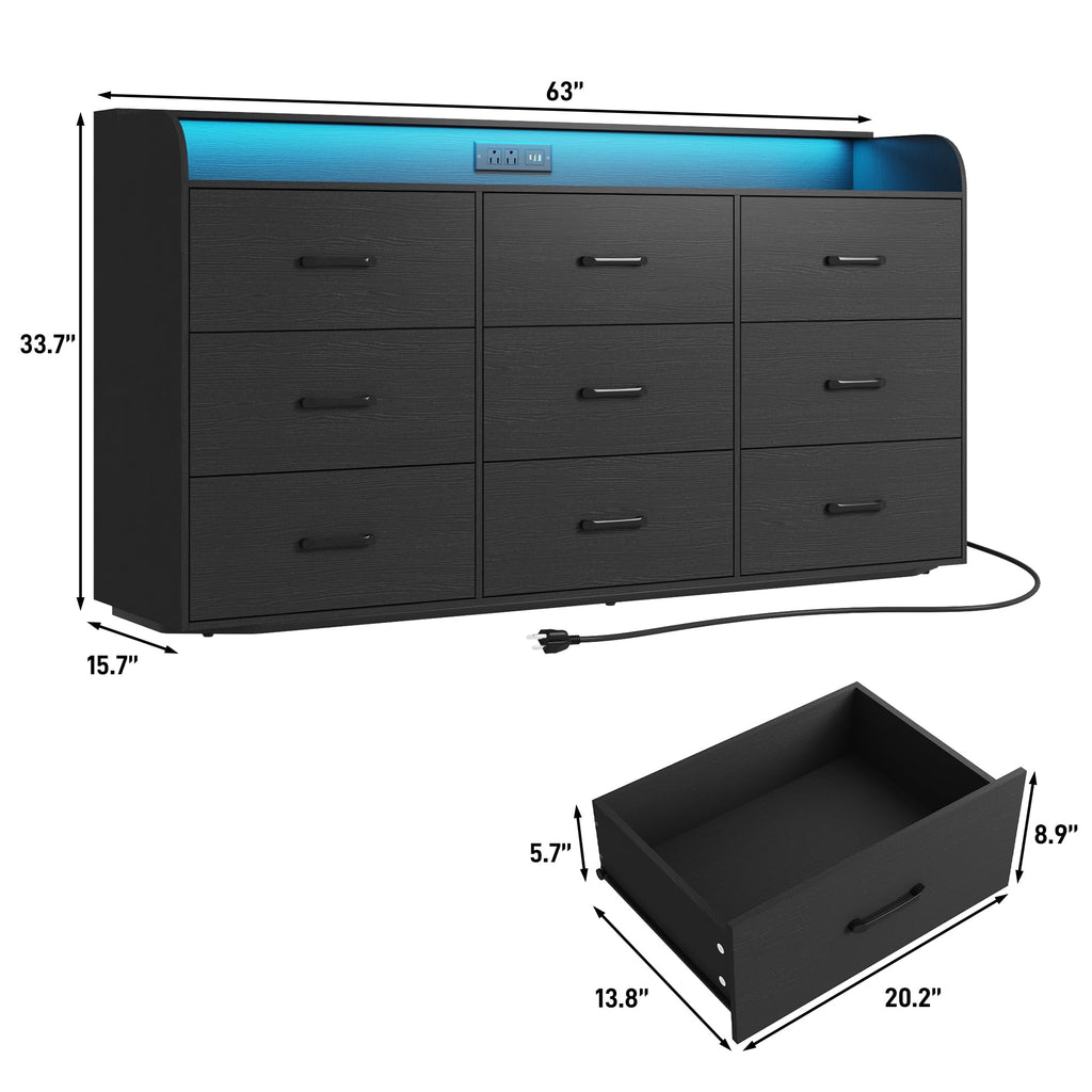 Black 9 Drawer Wood Dresser with Power Outlet and LED Lights Y723296