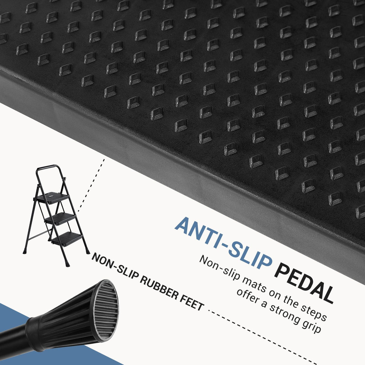 3 Step Ladder with Anti-Slip Pedal and Handrail, 500lbs, Black L3138