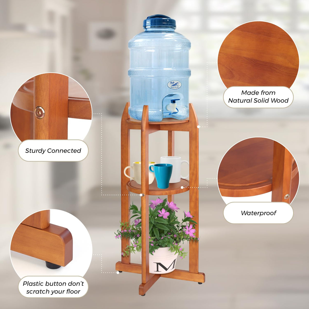 Solid Wood Water Dispenser Stand with 2 Shelves R14385