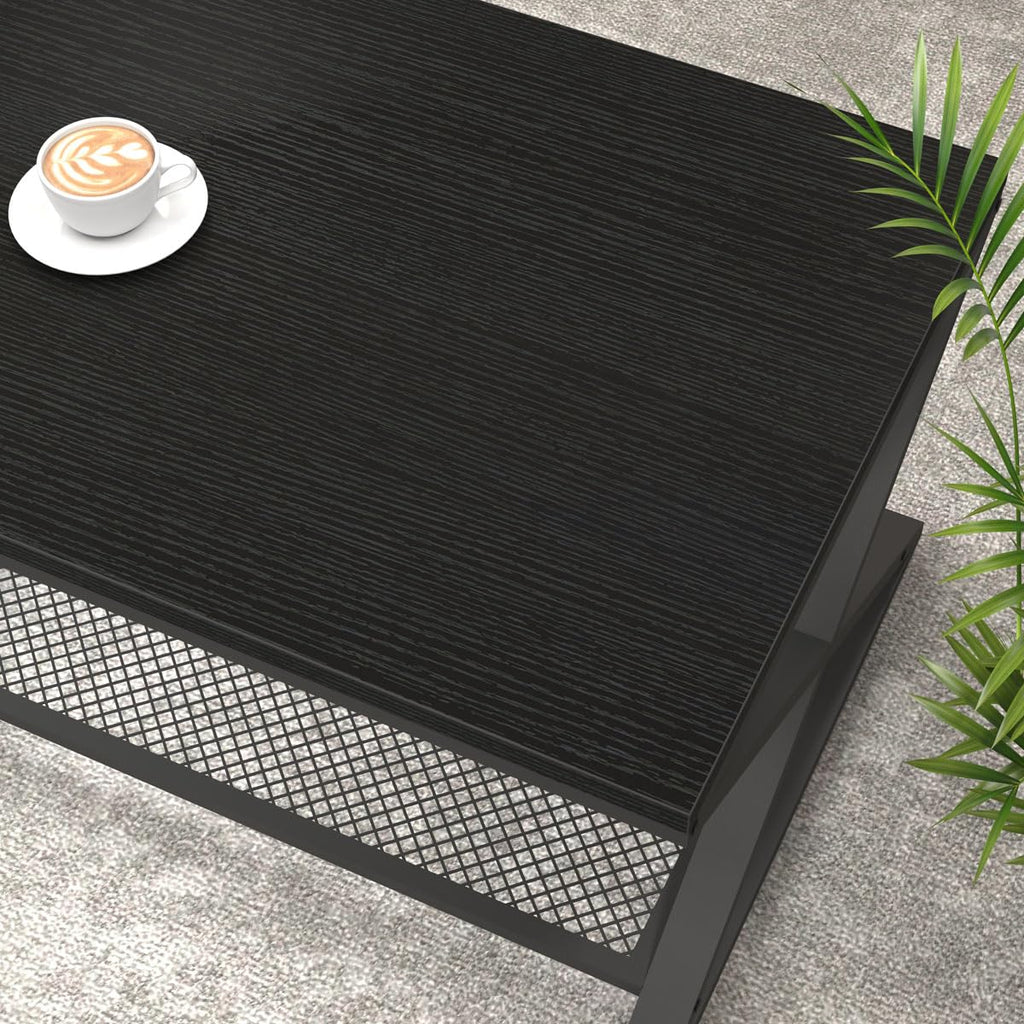 Black 2 Tier Wood Coffee Table with Storage N3953