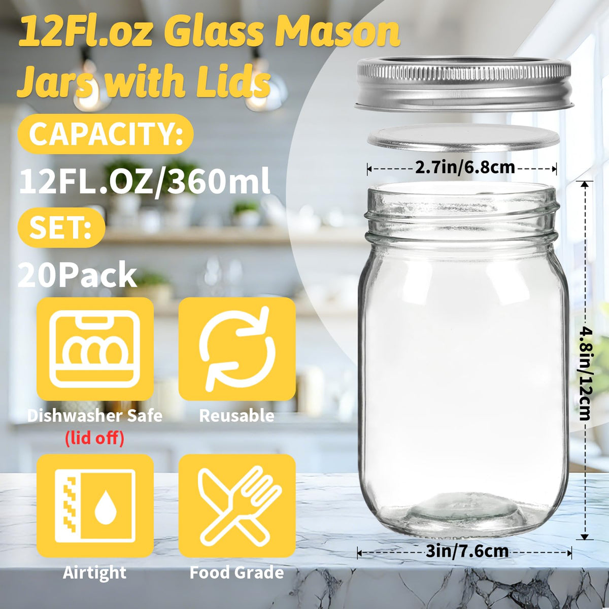 12 oz Regular Mouth Mason Jars 20 Pack K40097